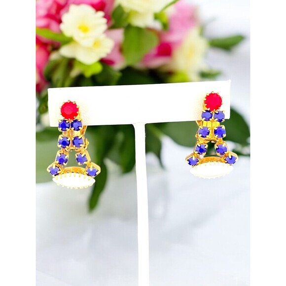 Vintage Rhinestone Earrings Prong Set Crystal Navette Red White Blue 8O - Picture 4 of 4